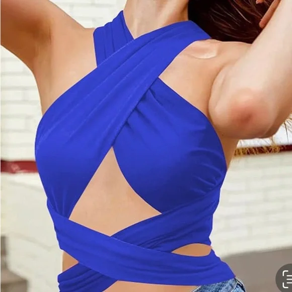 Halter Cami Bandana Cross Cross Wrap Tank Top in Royal Blue Size Small NWOT - Picture 2 of 4